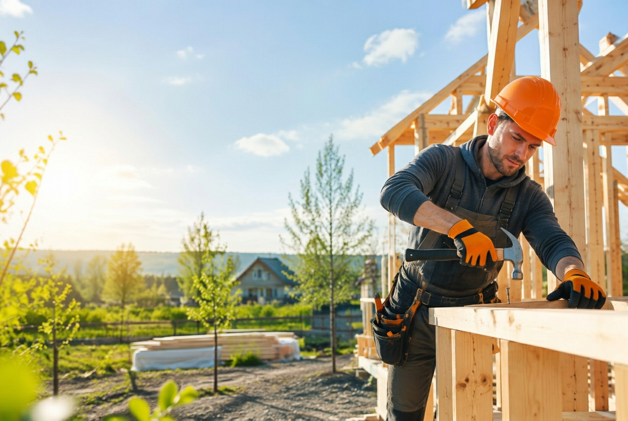 Trabajador construyendo la estructura de madera de una casa en primavera